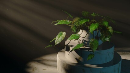 3D rendering of a Pothos plant on a display pedestal in an inviting home gallery with lush green plants