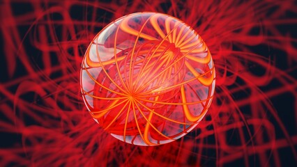 Abstract 3D glass globe. Rich and vibrant fiery particles inside the glass sphere. 3D illustration