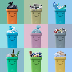 Cute smiling waste bins with different types of garbage
