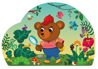 Cute bear character looking through a magnifying glass at a caterpillar on a plant. Curious bear using a magnifying glass to explore the nature. Vector cartoon illustration.