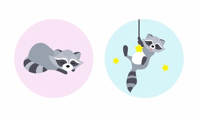 Vector baby illustration of raccoons. Sleeping cartoon raccoon on a pink background. Jumping gray raccoon. Emotional illustrations with cartoon animals.