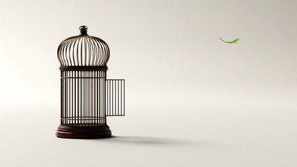 Escaping from the cage, freedom, a retro bird cage and a colorful feather floating in the air, set it free, 3d render