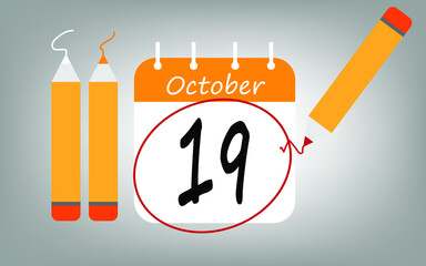 Calendar day 19 october orange. calendar page circled with various colored pencils white and red