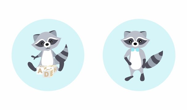 Two funny raccoons. Posters for the children's room. Educational cards for children.