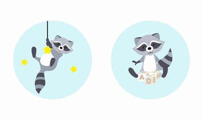 Funny cartoon raccoons on a blue background. Illustrations for children. Posters for the children's room. Cards for child development.