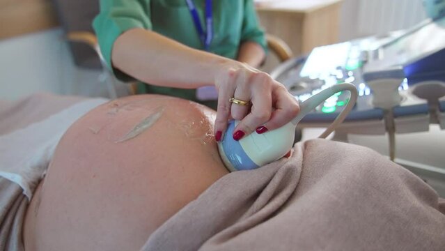 Device is moved by the big pregnant belly for ultrasound diagnostics. Doctor sitting at apparatus at backdrop in blur.