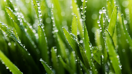 macro wet spring green grass background with dew. natural beautiful water drop on leaf in sunlight,...