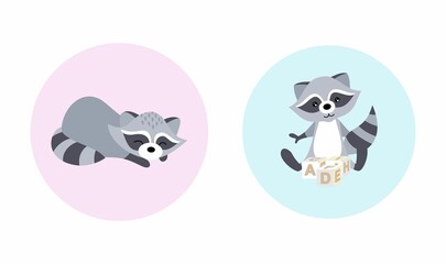 Baby illustrations with raccoons. Posters for the children's room. Sleepy, cute raccoon on a pink background. The raccoon plays with cubes. Illustration for schools and kindergarten.