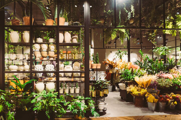 View of assortment of decor for interior shop in store of shopping center. View of shelving with flower pot, home plant, flowers. View of home accessories for interior in shop fashion retail store
