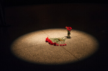 Red carnations lie on granite slab of monument to soldiers