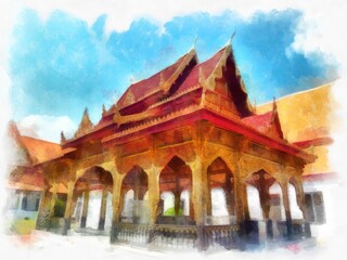 Landscape of ancient buildings in Bangkok watercolor style illustration impressionist painting.