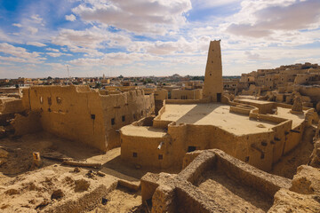 Panoramic View to the Sandstone Walls and Ancient Fortress of an Old Shali Mountain village in Siwa Oasis, Egypt