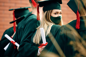 University student and her classmates on their graduation day during coronavirus pandemic.