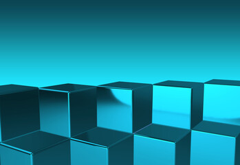 abstract blue cubes, 3D rendering, glossy, shining cubes. Metallic boxes, abstract background