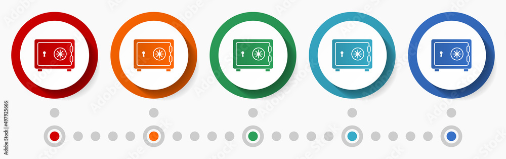 Poster bank, safe concept vector icon set, infographic template, flat design colorful web buttons in 5 colo