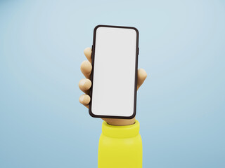 Hand holding  mockup smartphone on blue background. 3d render.