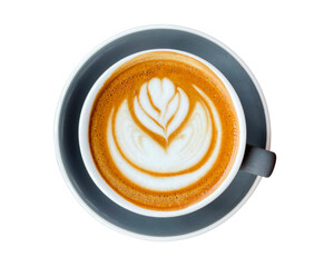 Top view hot coffee cappuccino latte art heart flower shape foam in ceramic cup isolated on white background, clipping path included