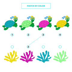 Match cute cartoon turtle and coral by color.Game for kids.
