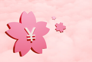 Beautiful Floating Japanese yen coins on sakura, 3D rendering, 3D illustration