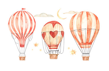 Vector watercolor illustration - hot air balloons in the sky. Collection with retro airship. Sky adventure with clouds, stars and moon. Perfect for baby prints, kid posters, home decor, invitations - 497925893