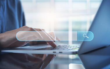 SEO Search Engine Optimization, online Internet browsing web, digital content concept. Woman using...