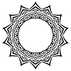 Abstract vector black and white illustration round beautiful tracery frame. Decorative vintage ethnic mandala pattern. Design element for tattoo or logo.
