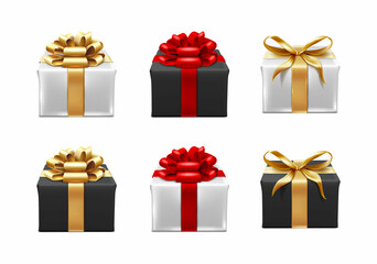 3d realistic vector icon set. Present boxes collection in white and black with golden and red ribbons.