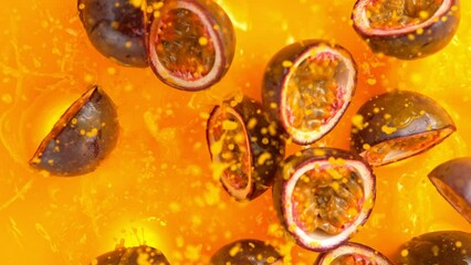 Super Slow Motion Shot of Falling Marakuja Cuts into Fresh Juice Liquid at 1000fps.