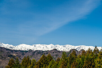 春の北アルプスと青空