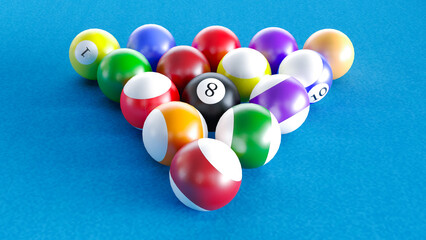 3D render of billiard balls isolated on blue background, poolball, Billiard balls in a blue pool table