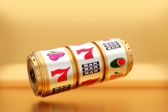 Online casino. 3D slot machine on gold background. Gambling concept design. 3d rendering illustration.