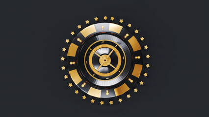 Roulette, roulette in poker chip isolated on dark background, fornt view. Black gold stars spin around. Light and shiny 3d rendering.
