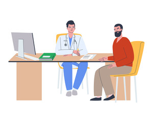 Doctor in the office with a patient. An adult man at the reception of a medical specialist. Flat vector illustration. Eps10
