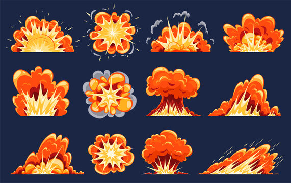 Set of explosions of different types and kinds in cartoon style. Vector illustration on white background.