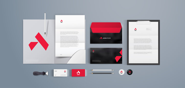 Corporate identity themplate in red, black and grey colors with alpha sign logo. Can be used for financial or juridical company.