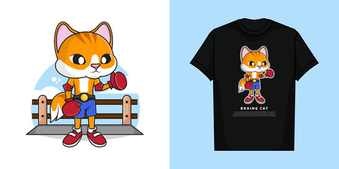 Illustration Vector Graphic of Cute Boxing Cat with T-Shirt Mockup Design