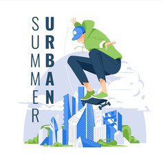 A young skateboarder does a trick and jumps high against the backdrop of an urban landscape. Isolated on a white background. Flat vector illustration