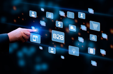 Businessman touching on virtual screen icon B2B Business to Business icons and symbols.