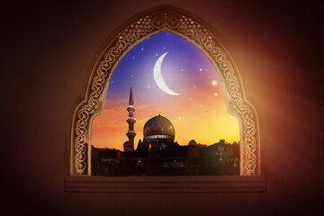 Ramadan Kareem greeting. Night sky, crescent moon.