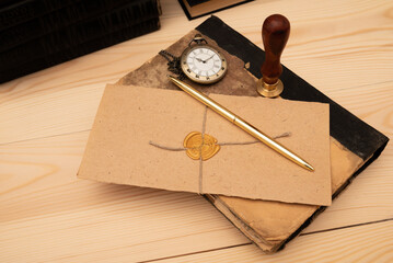 Vintage stamp, envelope and testament. Notary public tools