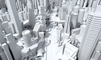 High street view of Modern city with skyscrapers, office buildings and residential blocks. 3D rendering illustration city model areal view