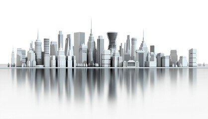 Beautiful panoramic view of city 3D model. Modern city with skyscrapers, office buildings and residential blocks. 3D rendering illustration with beautiful reflection in the water