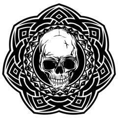 Abstract vector illustration black and white skull on round ornament. Design for tattoo or print t shirt.