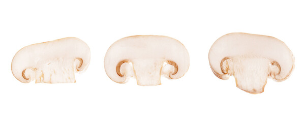 set of cut champignons isolated on white background