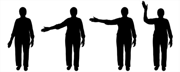 The senior woman slowly raises her hand up, a greeting gesture. Gestures with one hand, hello, greeting. Four human poses for arm movement animation. Front view. Silhouettes are isolated on a white