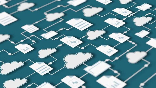 connected clouds with different file and folder icons, sharing data, concept of cloud computing, smart working, global business, big data, isometric view (3d render)