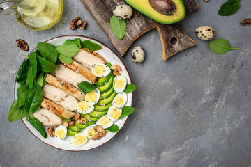 Ketogenic diet food, chicken fillet, quail eggs, avocado, spinach, walnut. healthy meal concept on...