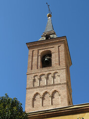 Bell tower decorated with trefoil and horseshoe arches. Islamic mudejar decoration. 12 century.
Church of San Nicolas. Historic city centre of Madrid. Spain.