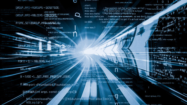 Software development, application programming code and tacit computer coding . Concept of smart digital transformation and technology disruption that changes global trends in new information era .