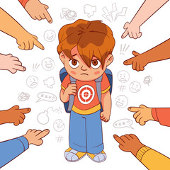 Bullying at school. Colorful cartoon characters. Funny vector illustration. Isolated on white background